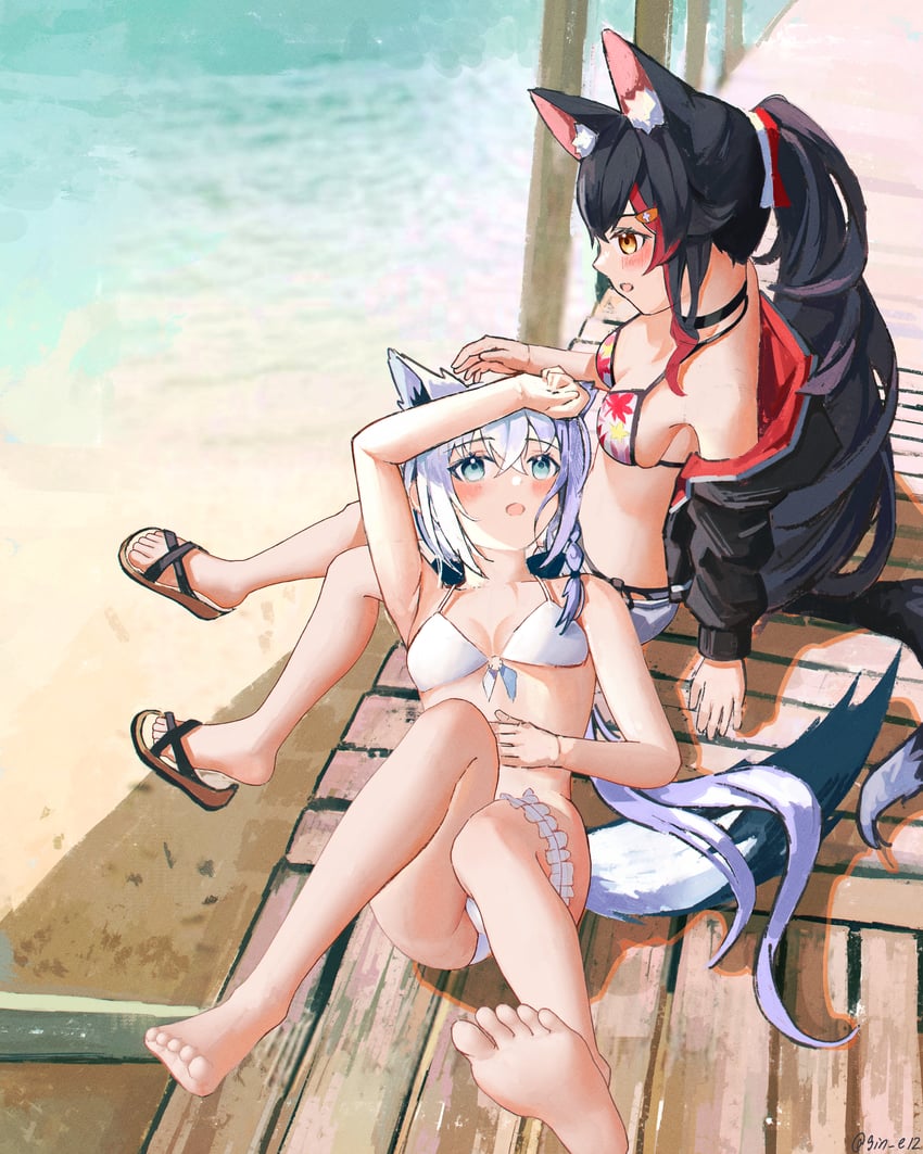 shirakami fubuki and ookami mio (hololive) drawn by gin_e12