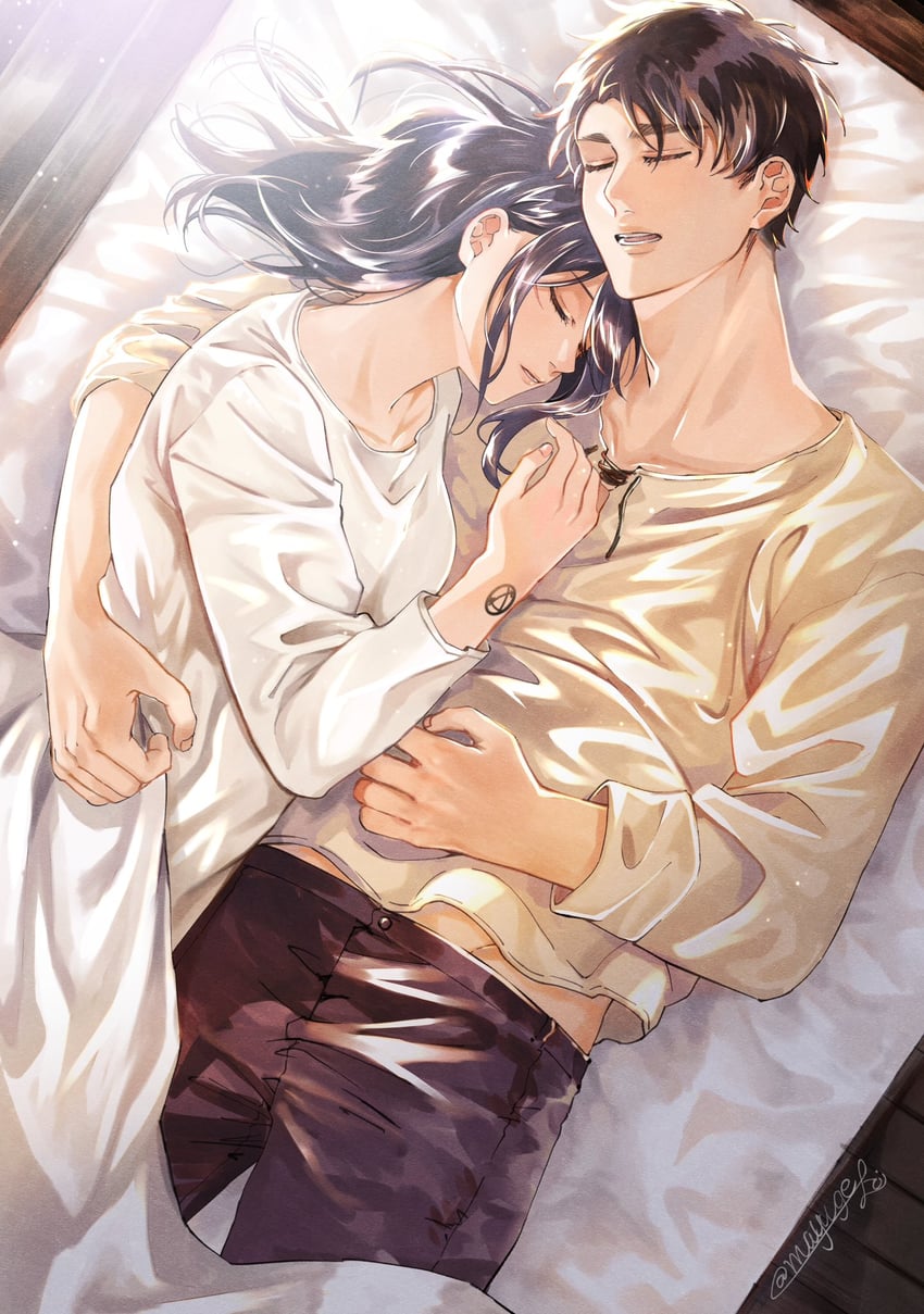 mikasa ackerman and eren yeager (shingeki no kyojin) drawn by foi_mayuge