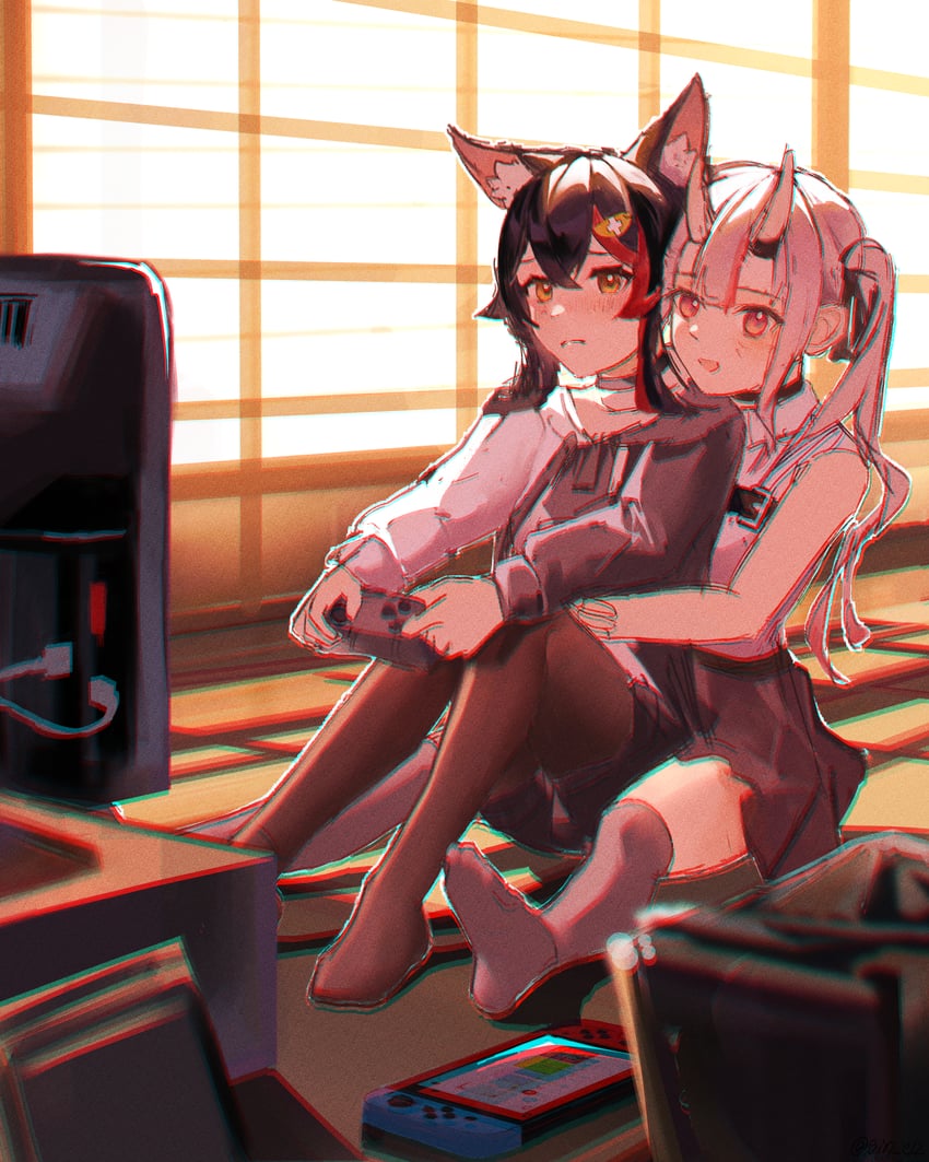 ookami mio and nakiri ayame (hololive) drawn by gin_e12