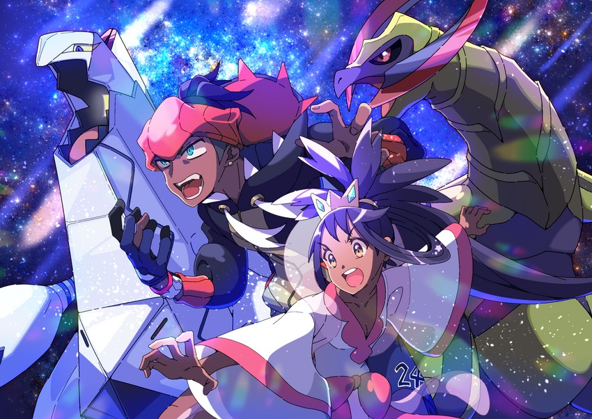 raihan, iris, haxorus, and duraludon (pokemon and 2 more) drawn by pon_yui