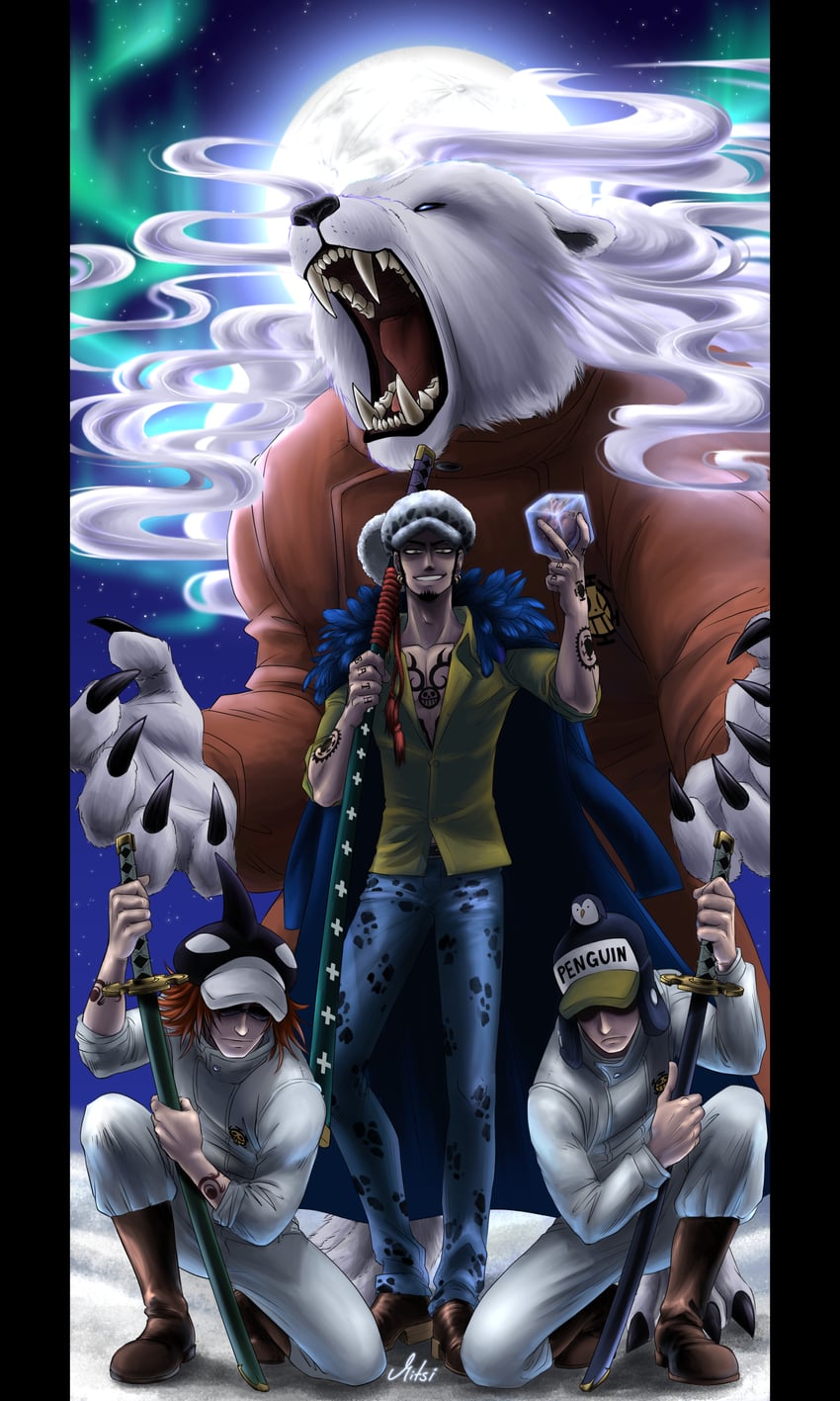 trafalgar law, bepo, penguin, and shachi (one piece) drawn by mitsisartwork