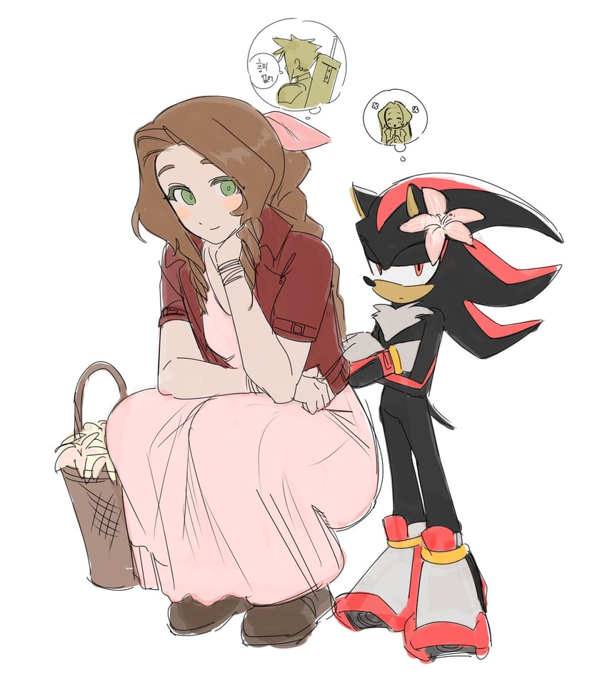 cloud strife, aerith gainsborough, shadow the hedgehog, and maria robotnik (final fantasy and 2 more) drawn by ddb_000