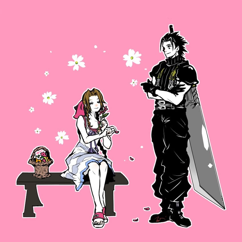 aerith gainsborough and zack fair (final fantasy and 2 more) drawn by mochi_(hanamaruudondesu)