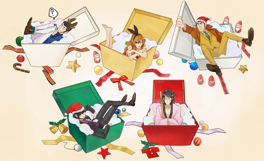 arsene lupin iii, jigen daisuke, mine fujiko, ishikawa goemon xiii, and zenigata kouichi (lupin iii) drawn by halorane