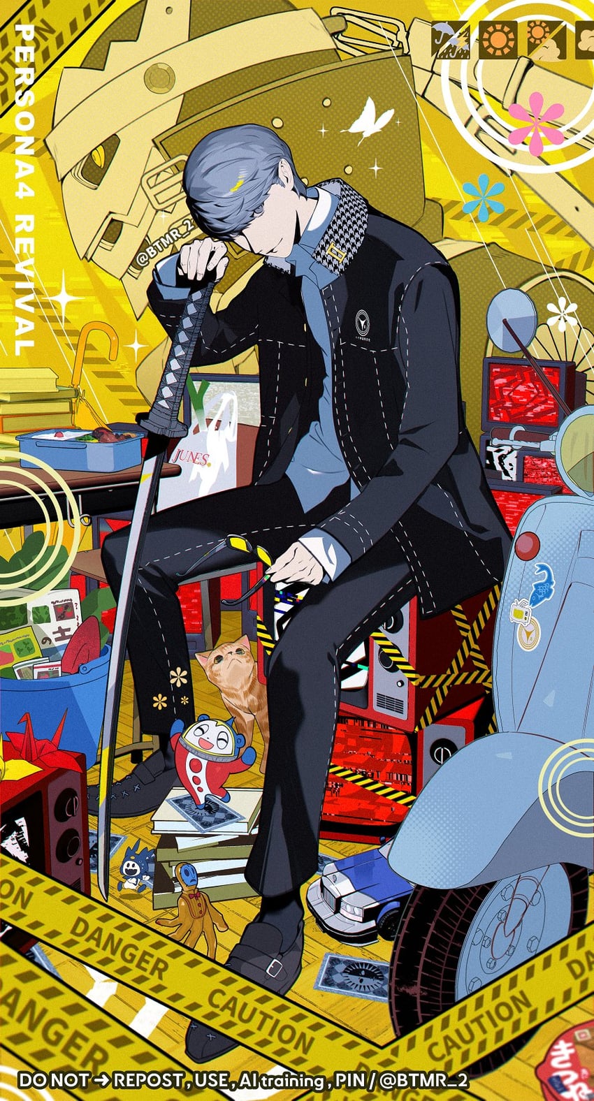 narukami yu, kuma, jack frost, and izanagi (persona and 2 more) drawn by btmr_game