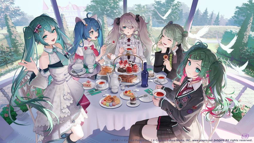 hatsune miku, 25-ji miku, wonderlands x showtime miku, vivid bad squad miku, leo/need miku, and 1 more (vocaloid and 1 more) drawn by esukee