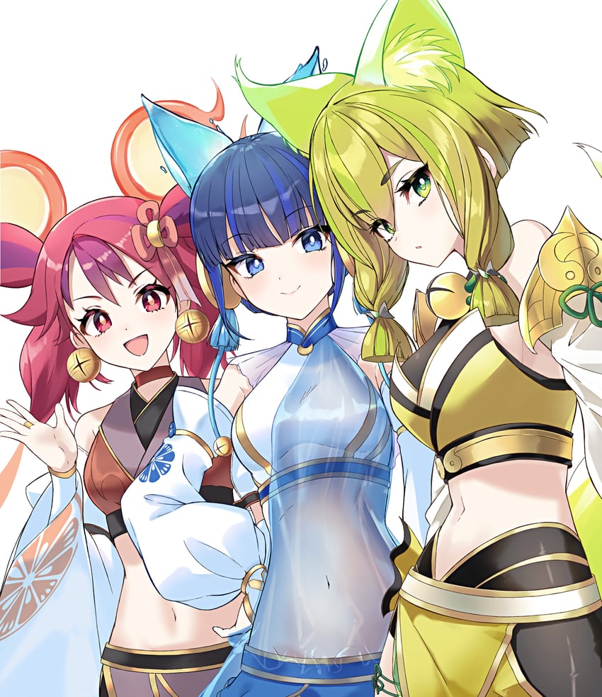 hu-li the jewel mikanko, ni-ni the mirror mikanko, and ha-re the sword mikanko (yu-gi-oh!) drawn by azama-k