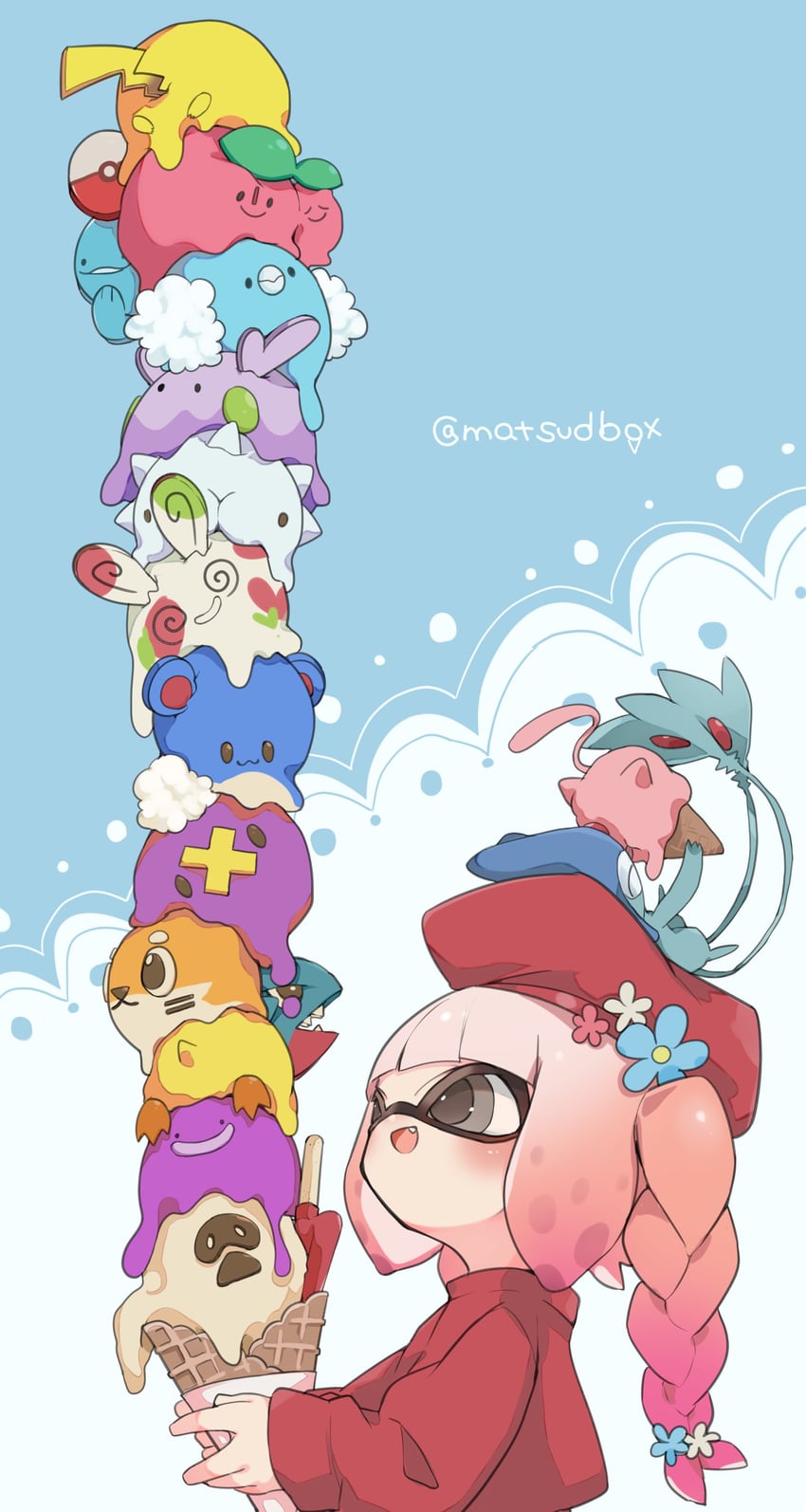 inkling player character, pikachu, inkling girl, mew, psyduck, and 13 more (pokemon and 1 more) drawn by matsushita_(matsudbox)