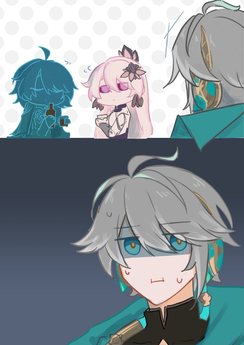 alhaitham, su, and sa (genshin impact and 3 more) drawn by nilre_takoi