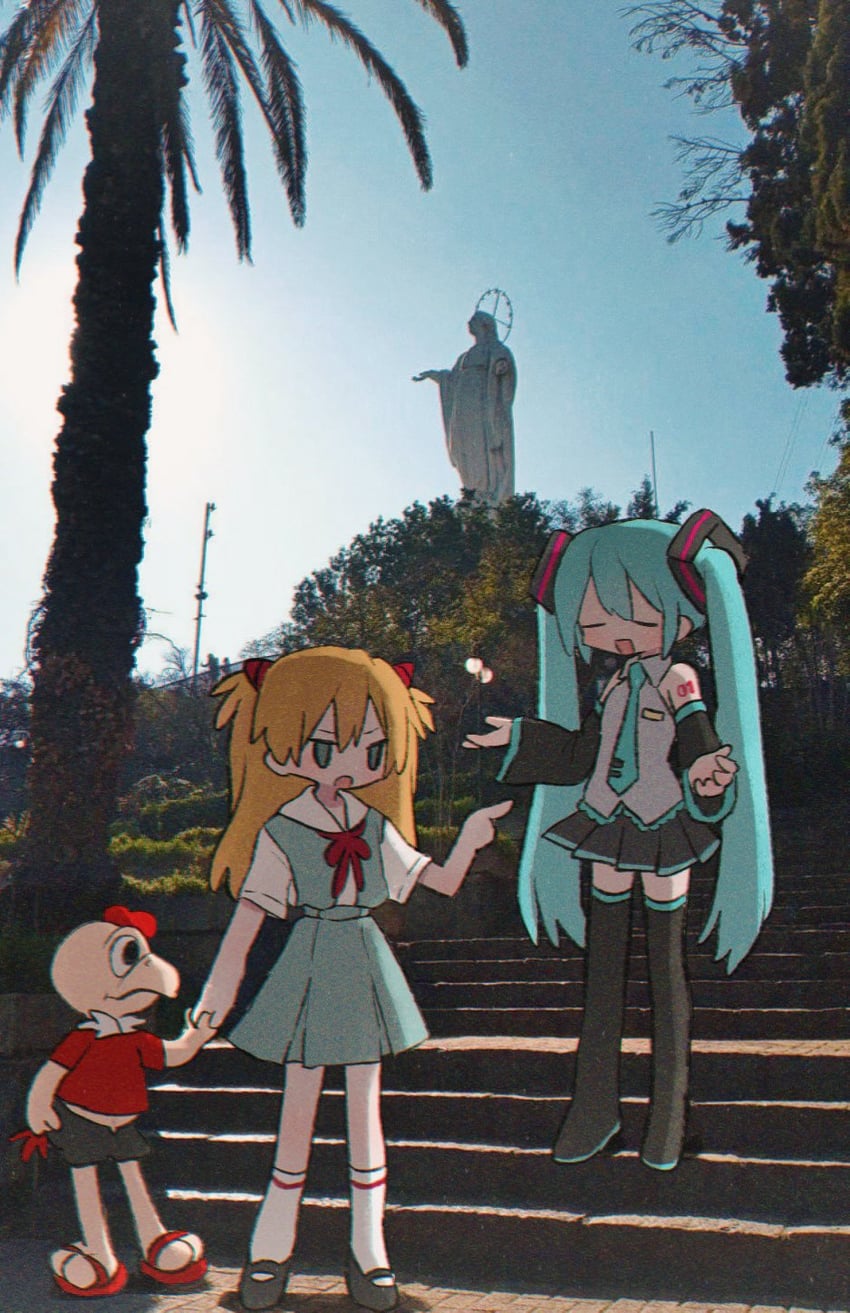 hatsune miku, souryuu asuka langley, and cone (vocaloid and 2 more) drawn by ri_(qrcode)