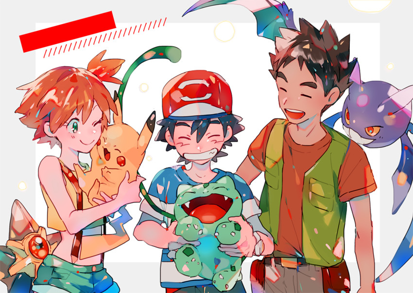 pikachu, ash ketchum, misty, bulbasaur, brock, and 2 more (pokemon and 1 more) drawn by yuuichi_(bobobo)
