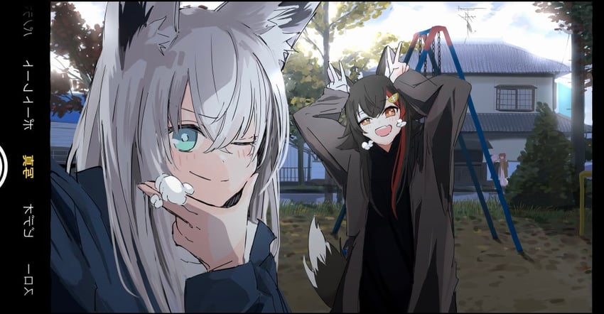 shirakami fubuki, nekomata okayu, ookami mio, and inugami korone (hololive) drawn by nakama_kun
