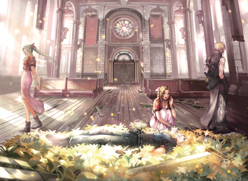 cloud strife and aerith gainsborough (final fantasy and 3 more) drawn by halu-ca
