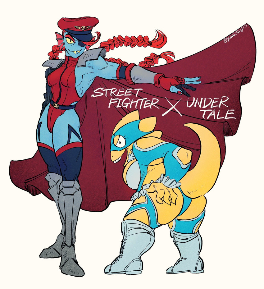 rainbow mika, undyne, m. bison, and alphys (street fighter and 3 more) drawn by yuzuki_v