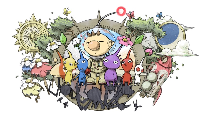 red pikmin, olimar, yellow pikmin, blue pikmin, purple pikmin, and 8 more (pikmin) drawn by naru_(wish_field)