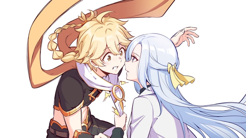 aether and shenhe (genshin impact) drawn by yoru_sei
