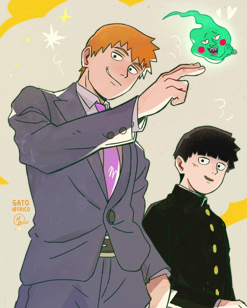 kageyama shigeo, reigen arataka, and ekubo (mob psycho 100) drawn by gatoiberico