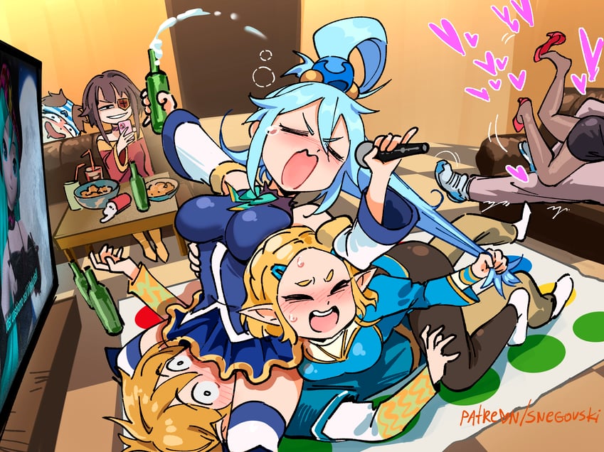hatsune miku, link, princess zelda, megumin, aqua, and 2 more (vocaloid and 4 more) drawn by snegovski