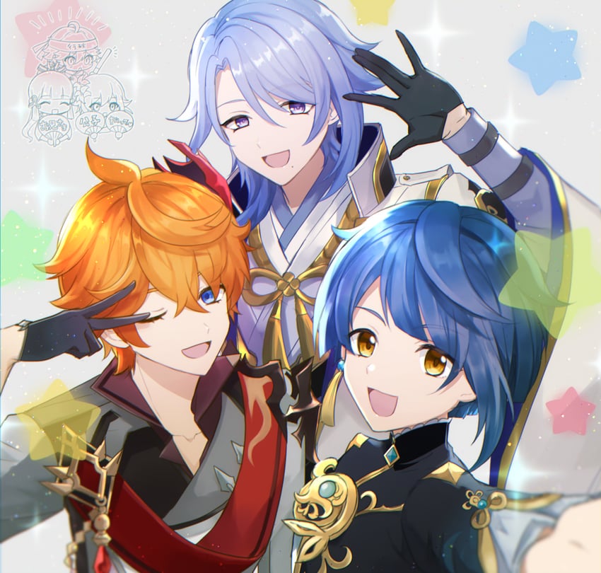 lumine, kamisato ayaka, tartaglia, kamisato ayato, xingqiu, and 1 more (genshin impact) drawn by ari_(bleum)