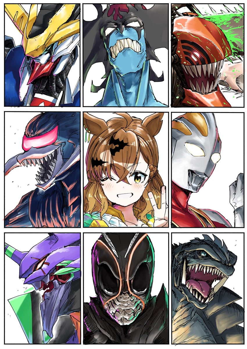 denji, jungle pocket, eva 01, gundam barbatos, devilman, and 4 more (umamusume and 12 more) drawn by amik0824