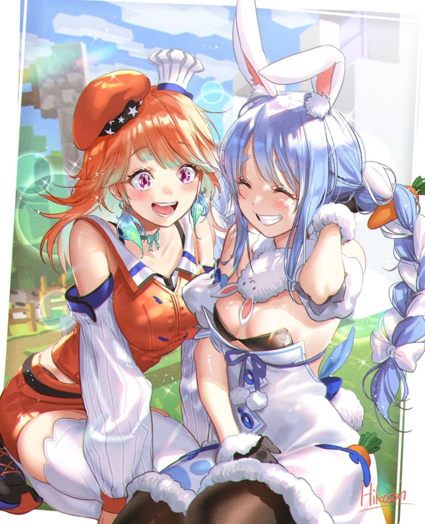 usada pekora, takanashi kiara, and don-chan (hololive and 2 more) drawn by hikosan