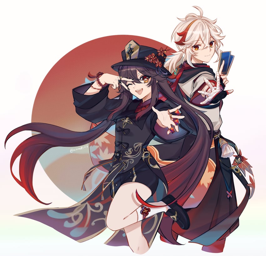 hu tao and kaedehara kazuha (genshin impact) drawn by aionat
