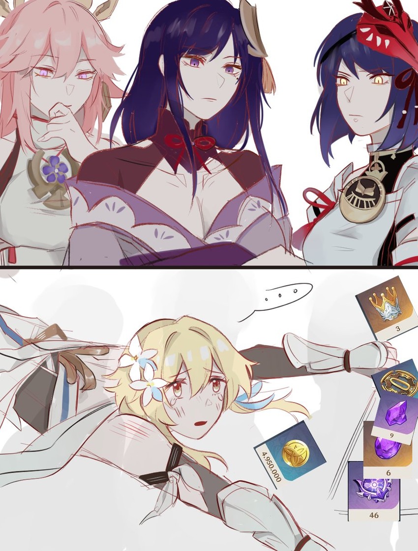 lumine, raiden shogun, yae miko, and kujou sara (genshin impact) drawn by y0ru5an