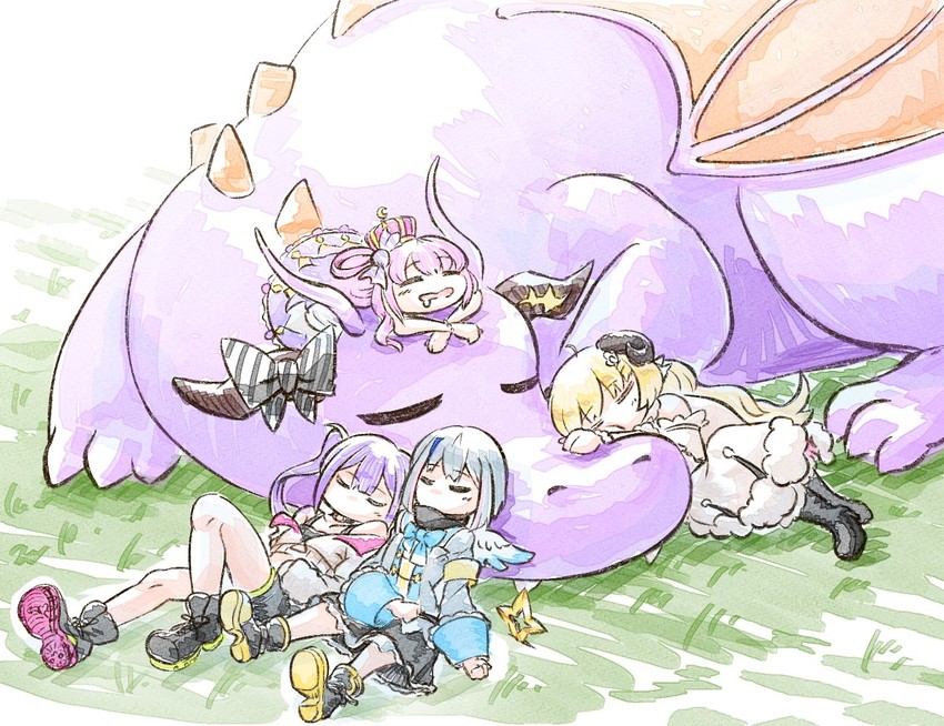 tokoyami towa, amane kanata, kiryu coco, tsunomaki watame, and himemori luna (hololive) drawn by na_gatana