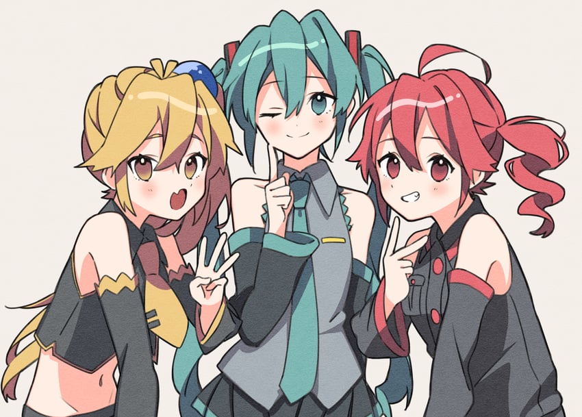 hatsune miku, kasane teto, and akita neru (vocaloid and 2 more) drawn by takanashi_(tochi_ri)