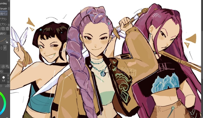 rumi, zoey, and mira (kpop demon hunters) drawn by zeffy_artzz