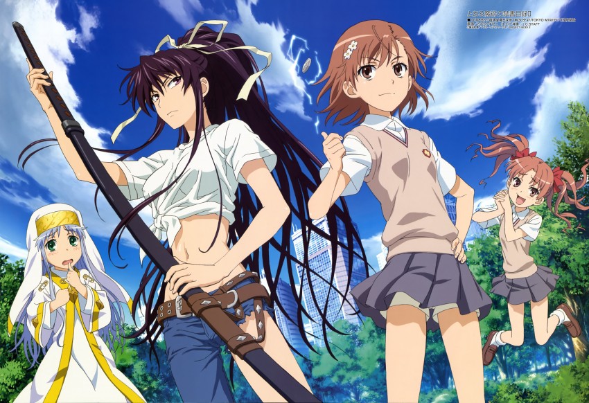 misaka mikoto, shirai kuroko, index, and kanzaki kaori (toaru majutsu no index and 2 more) drawn by tamura_kazuhiko
