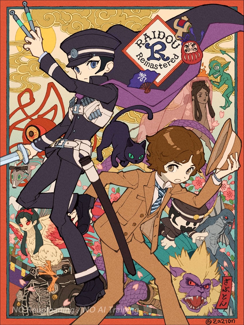 kuzunoha raidou, gouto, narumi shouhei, raiho, ichimokuren, and 6 more (devil summoner and 1 more) drawn by za210n