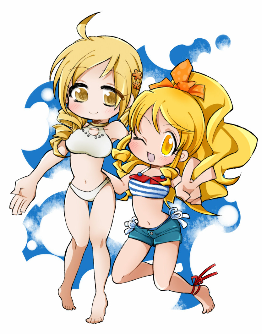 tomoe mami, oomori yuuko, and cure honey (mahou shoujo madoka magica and 2 more) drawn by scythe-of-petals
