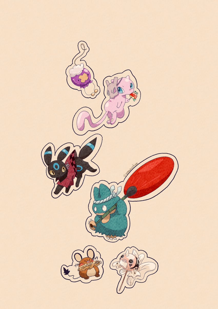umbreon, mew, drifloon, dedenne, applin, and 2 more (pokemon) drawn by zozozoshion