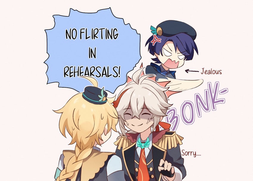 scaramouche, aether, and kaedehara kazuha (genshin impact) drawn by kyoukouo