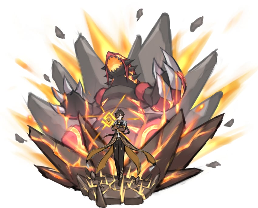 zhongli, groudon, and primal groudon (pokemon and 1 more) drawn by pinguinkotak
