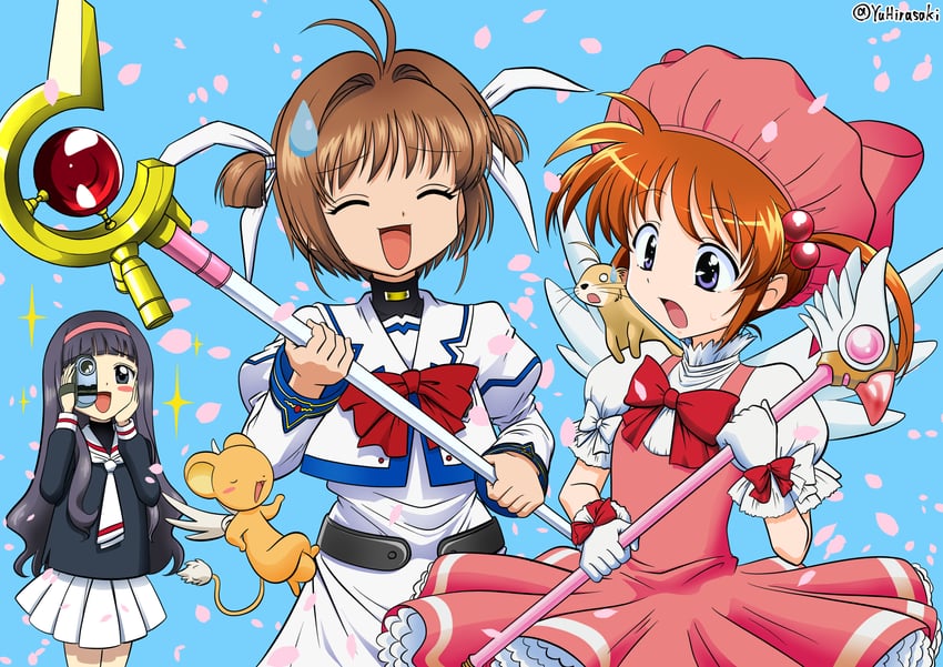 takamachi nanoha, kinomoto sakura, raising heart, kero, daidouji tomoyo, and 1 more (lyrical nanoha and 2 more) drawn by yu_hirasaki