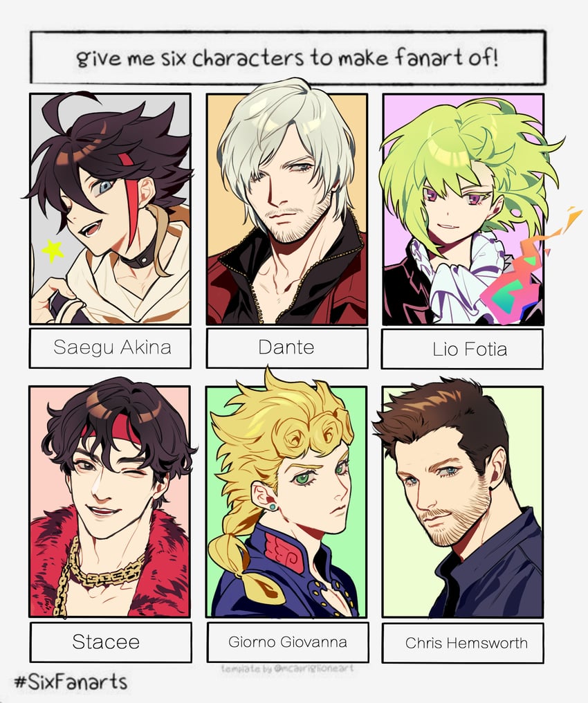 giorno giovanna, lio fotia, dante, saegusa akina, and chris hemsworth (nijisanji and 5 more) drawn by qin_(7833198)