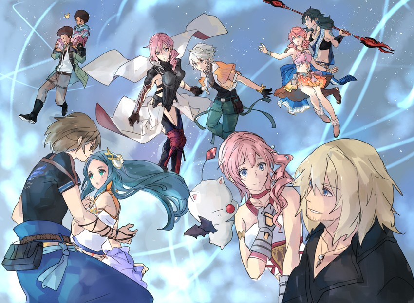moogle, lightning farron, hope estheim, oerba dia vanille, serah farron, and 7 more (final fantasy and 3 more) drawn by hamagurihime