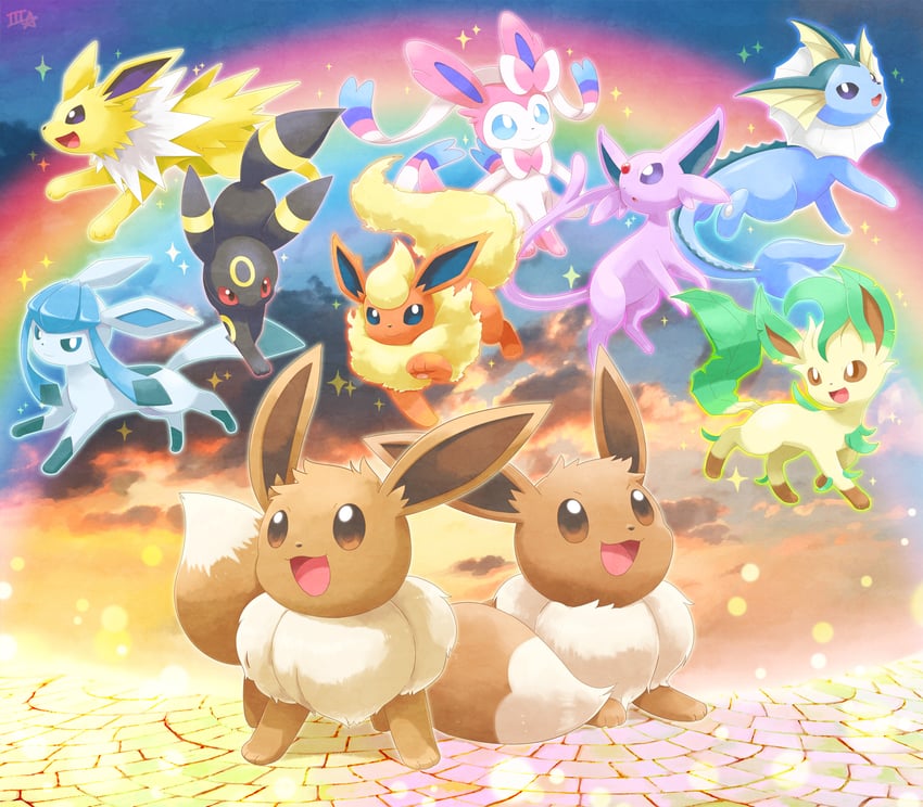 eevee, sylveon, umbreon, glaceon, vaporeon, and 4 more (pokemon) drawn by samsung_(yuzuikka)