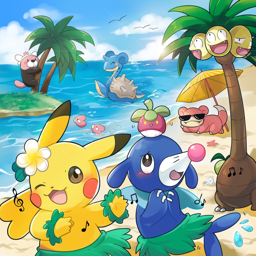 pikachu, popplio, lapras, luvdisc, slowpoke, and 3 more (pokemon) drawn by zrae