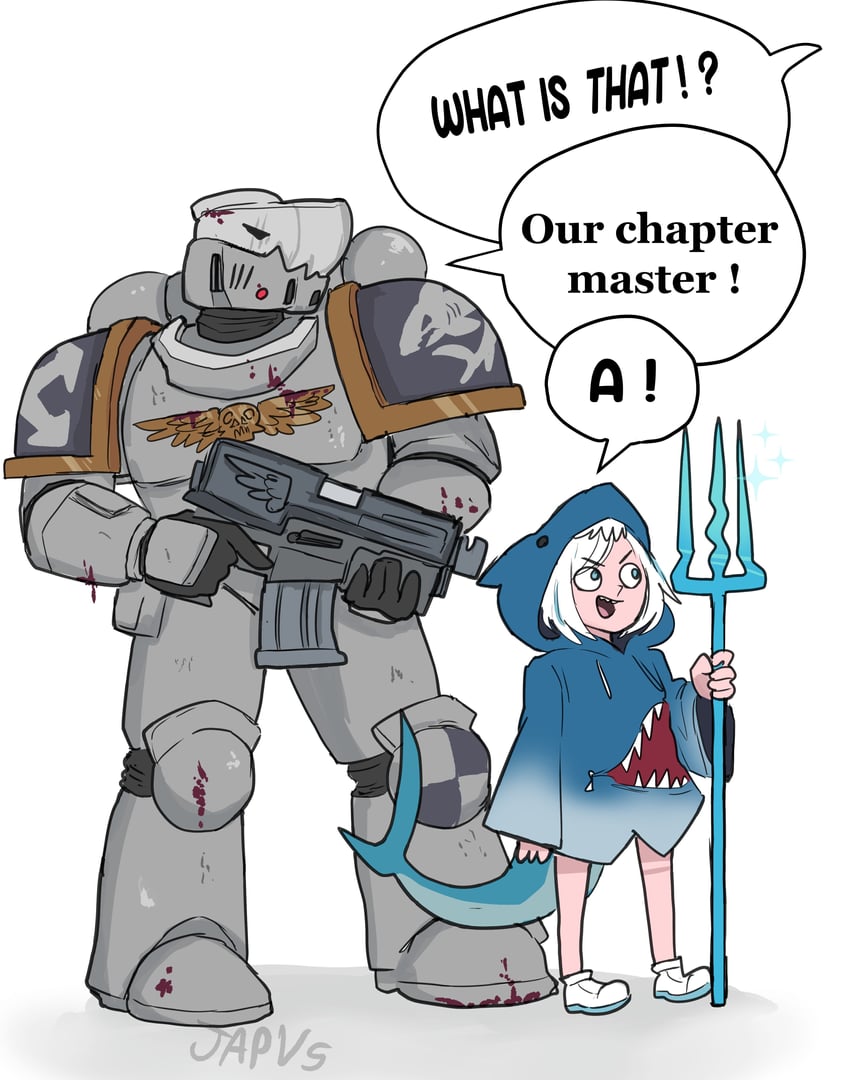 gawr gura and adeptus astartes (hololive and 2 more) drawn by japvs