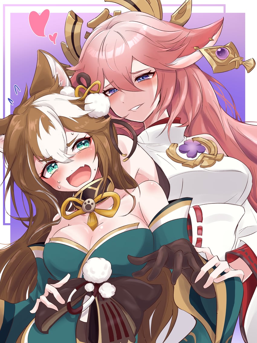 yae miko, gorou, and hina (genshin impact) drawn by cashew_0_dgren