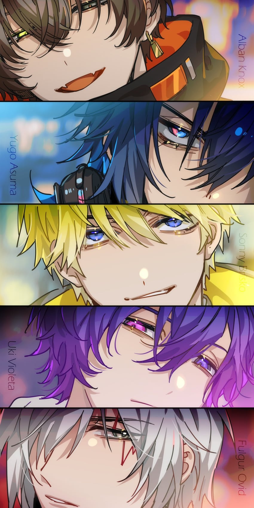 sonny brisko, alban knox, uki violeta, fulgur ovid, and yugo asuma (nijisanji and 1 more) drawn by keita_kg85
