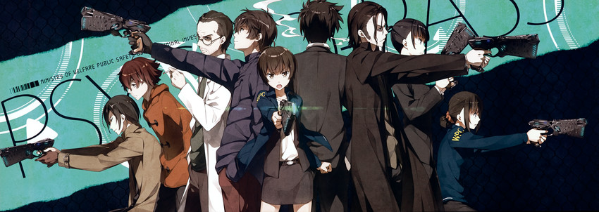tsunemori akane, kougami shin'ya, kunizuka yayoi, ginoza nobuchika, shimotsuki mika, and 3 more (psycho-pass) drawn by kantoku
