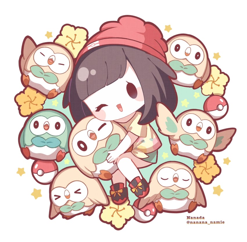 selene and rowlet (pokemon and 1 more) drawn by nada_namie