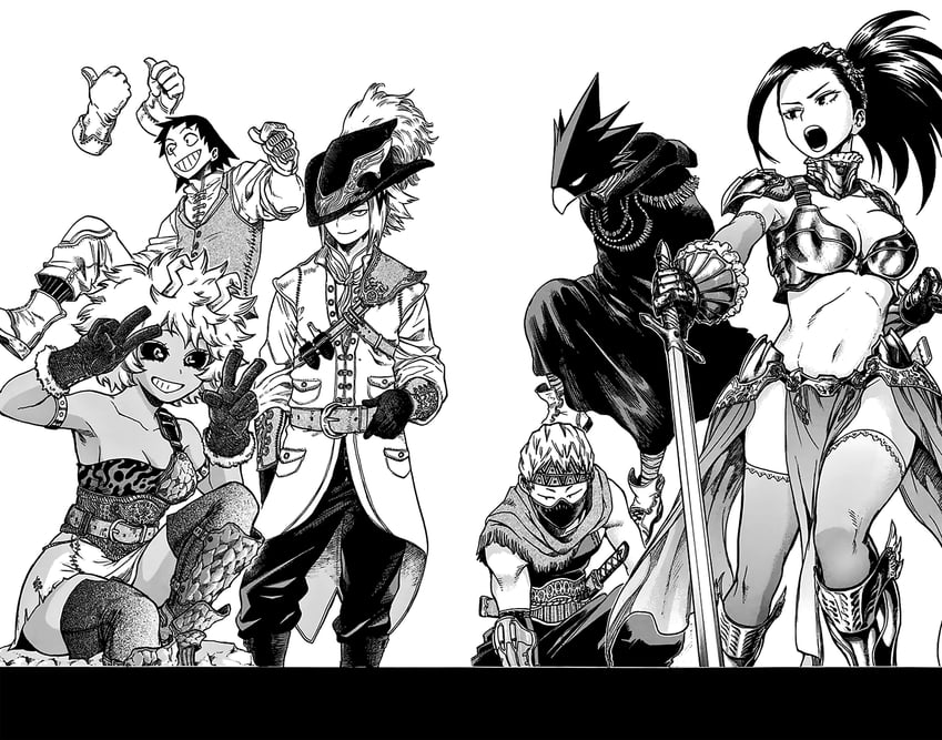 yaoyorozu momo, ashido mina, hagakure toru, kaminari denki, tokoyami fumikage, and 2 more (boku no hero academia) drawn by horikoshi_kouhei