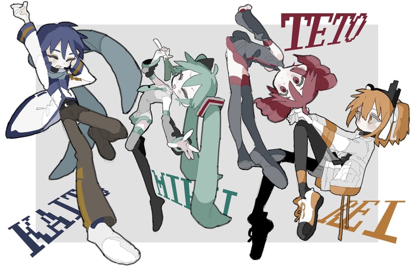hatsune miku, kasane teto, kaito, and adachi rei (vocaloid and 2 more) drawn by tabun_ningen