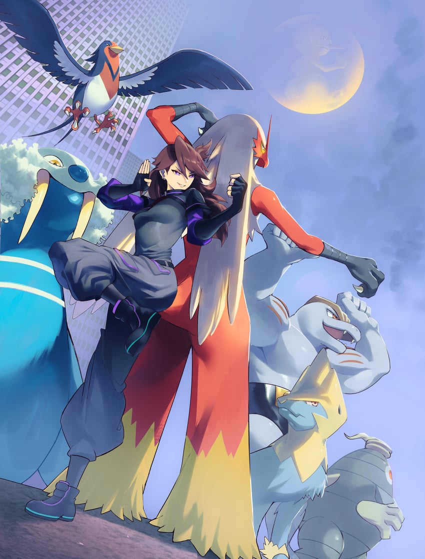 blaziken, machoke, dusclops, manectric, swellow, and 1 more (pokemon and 1 more) drawn by tommy_(kingdukeee)