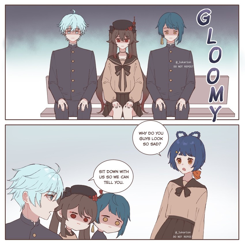 hu tao, xingqiu, chongyun, and xiangling (genshin impact) drawn by lukarion